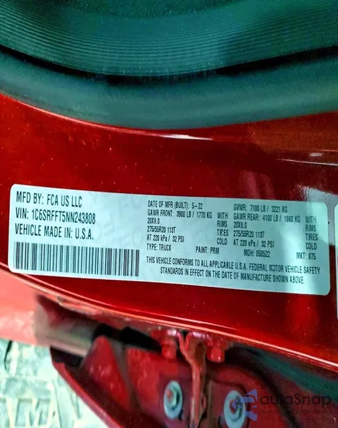 2022 Ram 1500 Big Horn/Lone Star z USA, uszkodzony, nr VIN 1C6SRFFT5NN243808